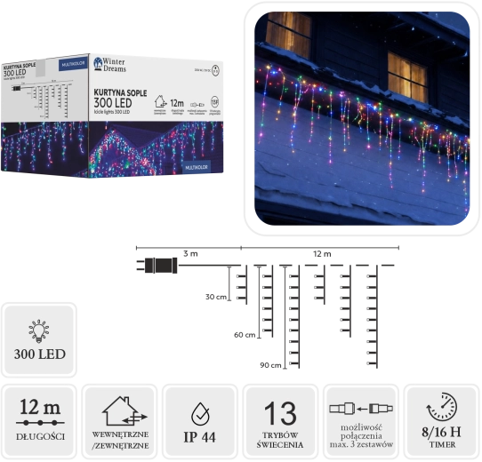 Lysgardin, istapper (drypsten) 300 LED multicolor 3 × 12 m - 1 stk.