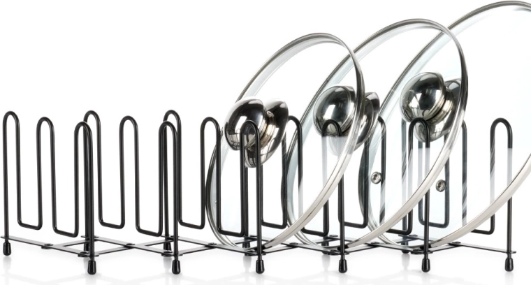 Udtrækkelig metalholder til låg og tallerkener, sort, 8–74 cm