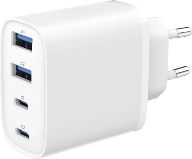 Gembird universel GaN-oplader 40 W med LCD, 3× USB-C + 1× USB-A, hvid