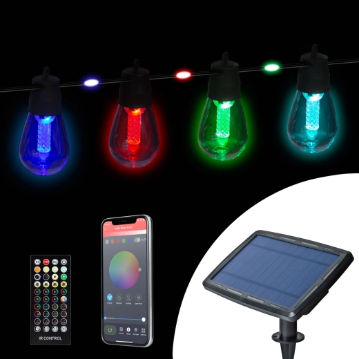 Smart solcellelyskæde med farvede RGB-LED'er, 14,5 m, Bluetooth