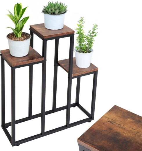 Blomsterstativ i metal, 3-etagers, i antik eg-dekor - 1 stk.