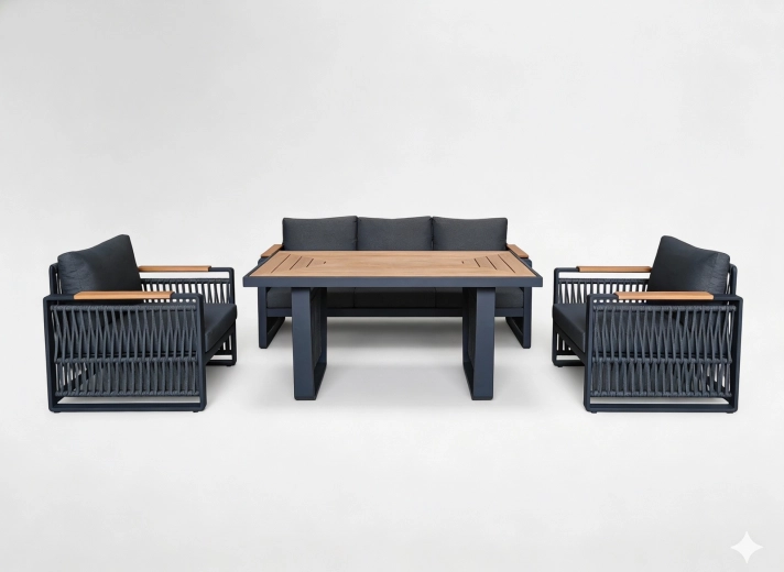 Skopje loungesæt til haven i aluminium, 3-personers sofa, 2 lænestole og bord, grå