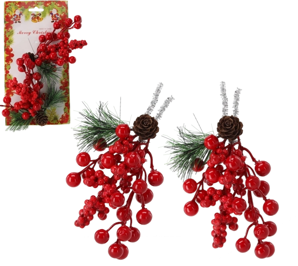 Dekorative grene med rønnebær og kogler, sæt med 2 stk.