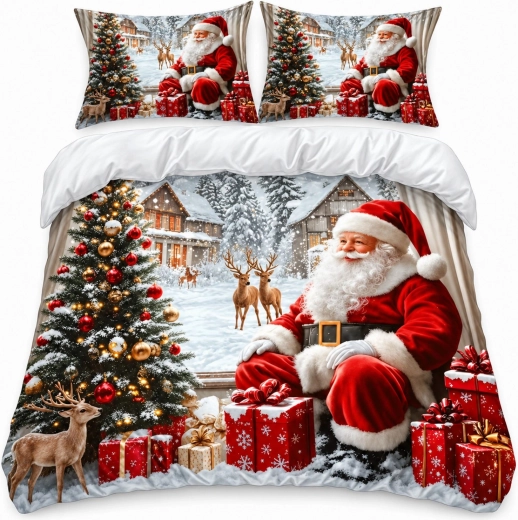 Jule-sengetøj med 3D-motiv af julemanden og juletræ 200 × 220 cm med 2 pudebetræk