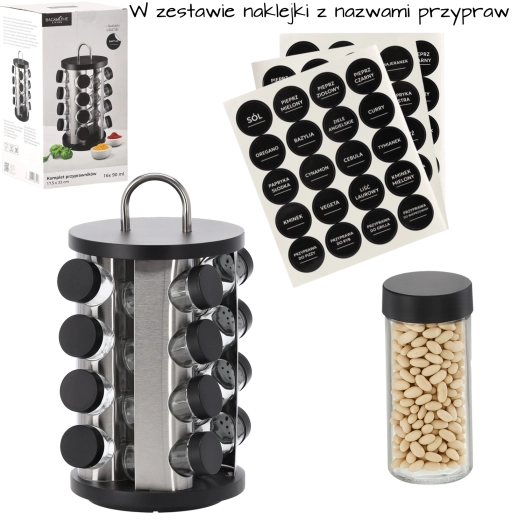 Drejelig rund krydderiholder med håndtag, 16 glasbeholdere, sort-sølv, 17,5 × 33 cm