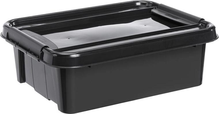 Opbevaringsboks 21 l med låg, sort, genanvendt plast