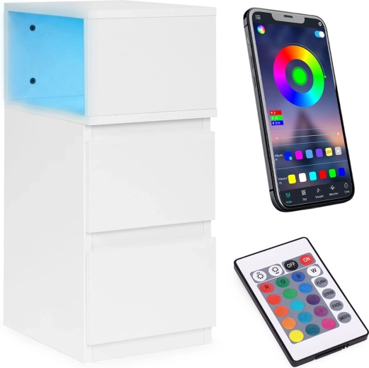 Natbord med LED-belysning, 2 skuffer, hvid, ModernHome