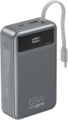 Powerbank 20.000 mAh med integreret kabel, PD 65 W og LCD-display, sort