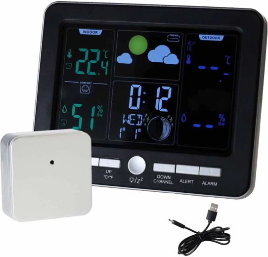 Vejrstation med trådløs sensor, termometer, hygrometer og vækkeur