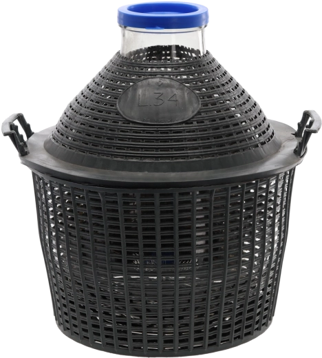 Glasballon 34 l med bred hals i plastkurv