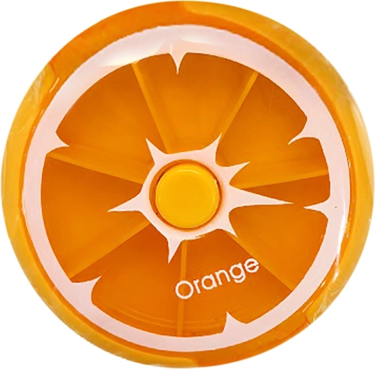 Rund pilledispenser med appelsinmotiv 9 × 2,5 cm