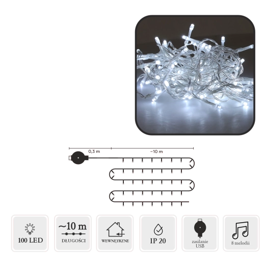 LED julelyskæde med melodi USB, 100 LED, kold hvid, 10 m