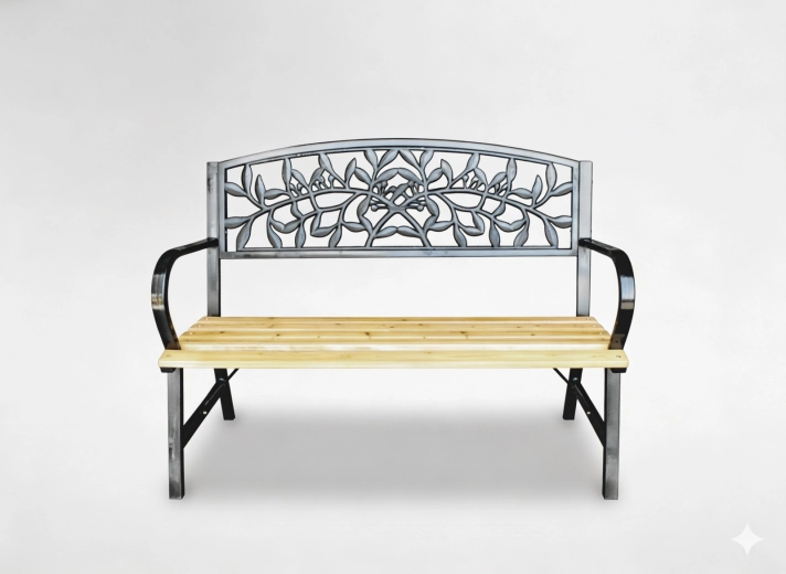 Havebænk 120 × 56 × 89 cm, træ og stål, bladmønster