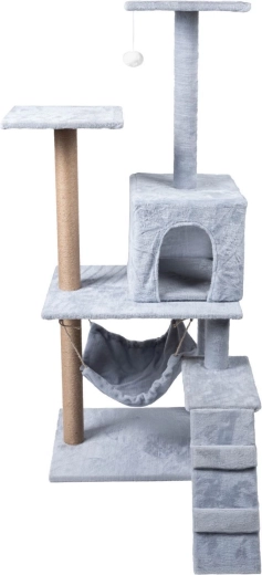 Kradsestativ til kat med hule, kurv og trin, 4 niveauer, grå