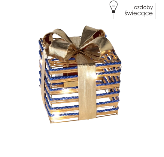 Julegave med lys og blå sløjfe 15 cm