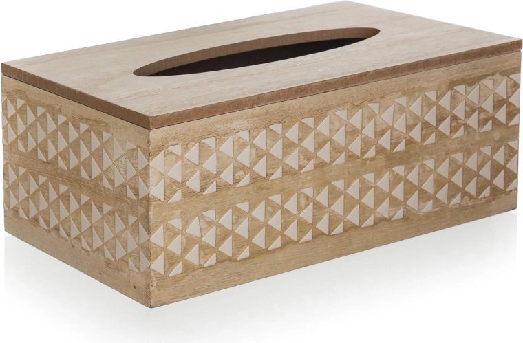 Trææske til papirlommetørklæder med hvidt ornament 24 × 13 × 9,5 cm