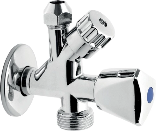 Kombineret hjørneventil til vaskemaskine med kontraventil 3/8" x 1/2" x 3/4"