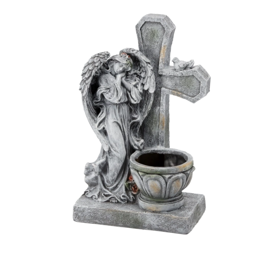 Englefigur med kors og blomsterkrukke 21,5 × 14 × 35,5 cm