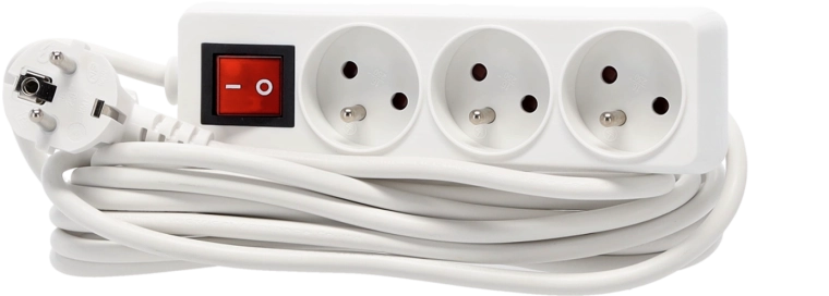 Forlænger overspændingsliste med afbryder, 3 stik, 5 m, hvid