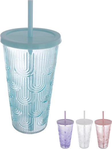 Glas med plastlåg og sugerør 0,48 l – farvemix