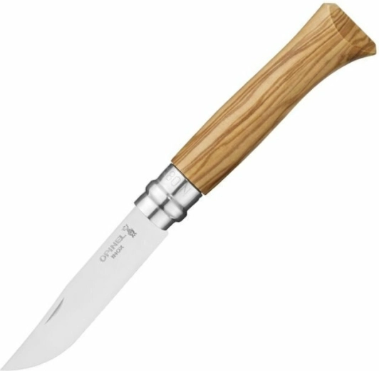 Opinel N°08 Inox foldekniv 8,5 cm, oliventræ, læderetui, trææske