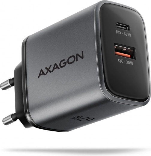 Vægoplader AXAGON GaN 67W med USB‑C Power Delivery og USB‑A Quick Charge, 2 porte