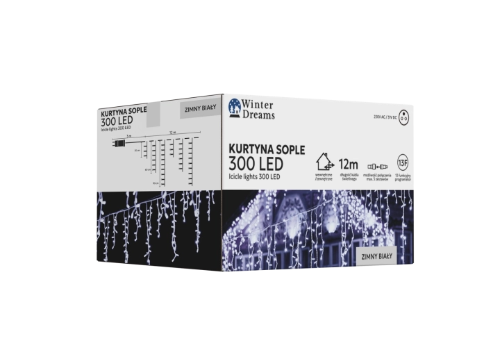 LED-lyskæde med istapper, 300 LED, koldt hvidt lys, 12 m