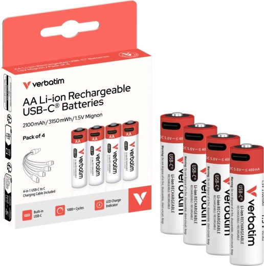 Verbatim AA USB-C-genopladelige batterier 2100 mAh med kabel – 4 stk.