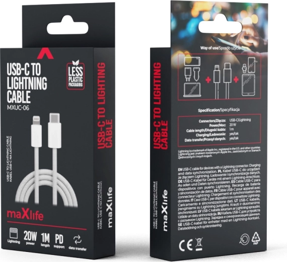 Maxlife nylonkabel USB‑C – Lightning 1 m, 20 W, grå