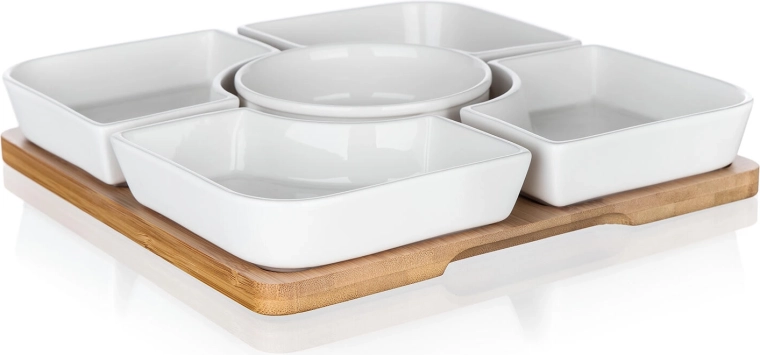 Serveringssæt af porcelæn og bambus BRILLANTE, 6-delt