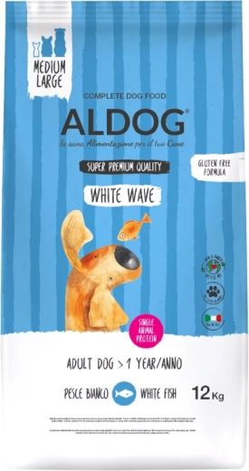 Aldog White Wave granulat til voksne hunde af mellemstore og store racer med hvid fisk 12 kg