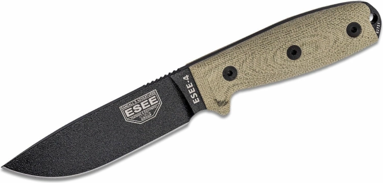 ESEE Model 4 overlevelseskniv 11,4 cm, sort, grøn Micarta, plastskede