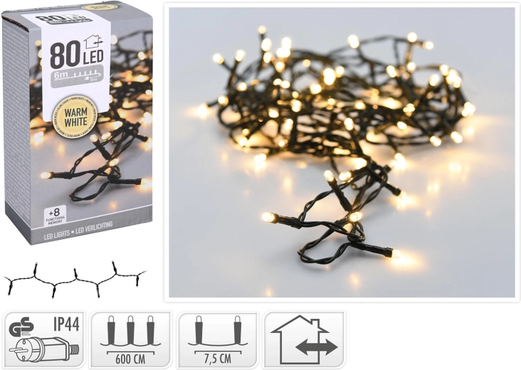 Udendørs LED-julebelysning 6 m, 80 LED, varm hvid