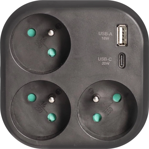 Solight-stikdåse med 3 stikkontakter og hurtigoplader USB-A/USB-C 20 W PD, sort
