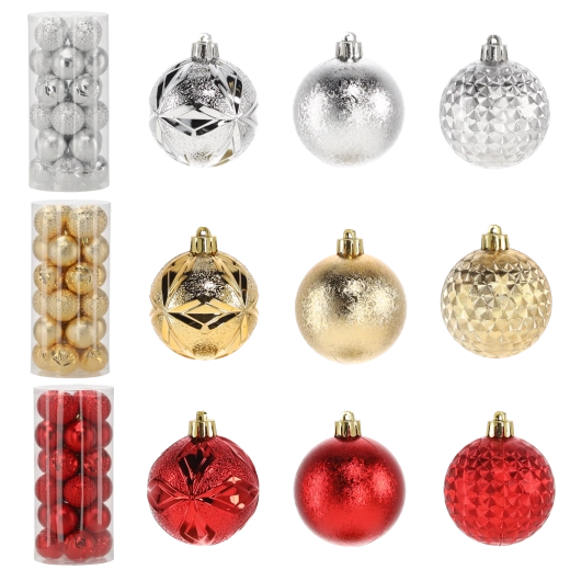 Sæt med 24 julekugler 6 cm – røde, gyldne og sølvfarvede, uknuselige