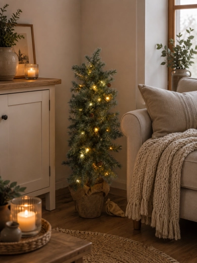 Kunstigt juletræ 85 cm i urtepotte med sneeffekt og LED-belysning - 1 stk.