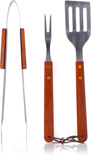 Sæt grillredskaber i rustfrit stål med træhåndtag, 3 dele