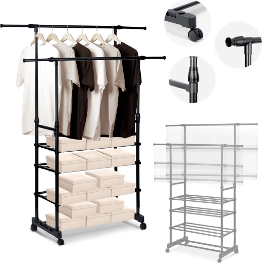 Massido gulvstativ til tøj, sort, XXL med justerbar højde og hylder