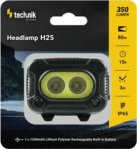 Pandelygte Technik MT-H25 med gummibelægning, CREE XPG-2 og COB LED, USB‑C, rødt lys og stroboskop