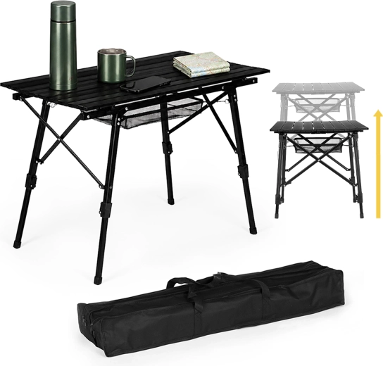 Sammenklappeligt campingbord MultiGarden 90 × 50 cm, højdejusterbart, sort
