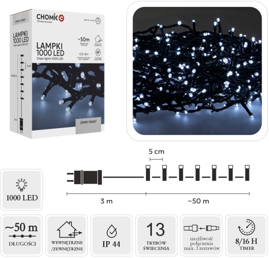 LED-julelyskæde 1000 LED, kold hvid, 53 m (50 m + 3 m)