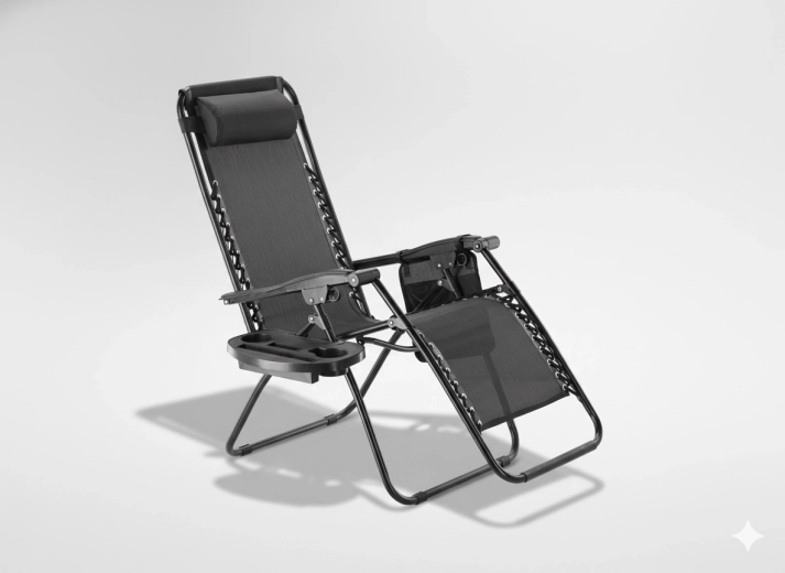 Sammenklappelig havestol med bakke, lomme og hovedpude – sort