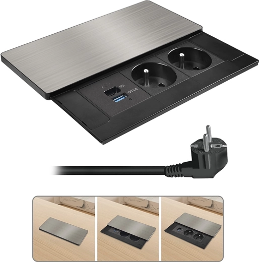Solight indbygget stikkontaktblok med skydecover, 2× 230 V, USB-A + USB-C 20 W PD, 2 m, sølvfarvet