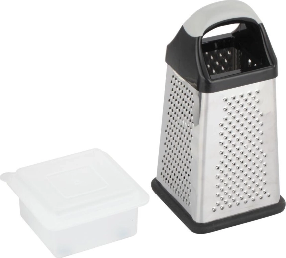 Firkantet rivejern i rustfrit stål med plastikhåndtag og beholder