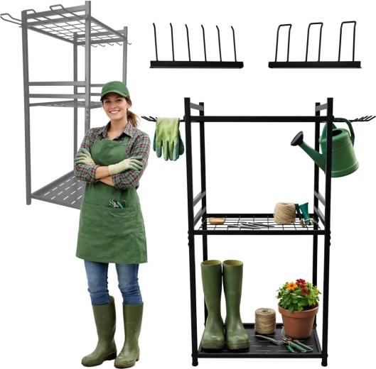 Metalstativ til haveredskaber med kroge og hylder LUARO