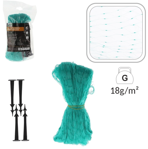 Beskyttelsesnet mod fugle 4 × 5 m, grøn, 5 g/m² + 6 jordspyd