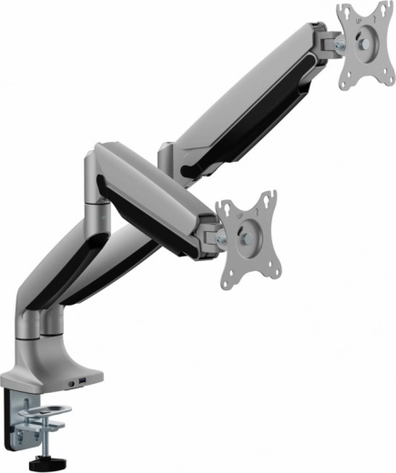 Gashydraulisk holder til to skærme 17–35″ med USB‑A/USB‑C 3.0, heavy duty