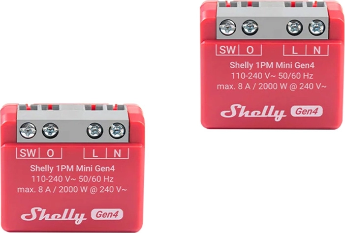 Shelly 1PM Mini Gen4 – sæt med 2 stk. smarte relæer med forbrugsmåling (Wi‑Fi/Zigbee/Bluetooth, Matter)