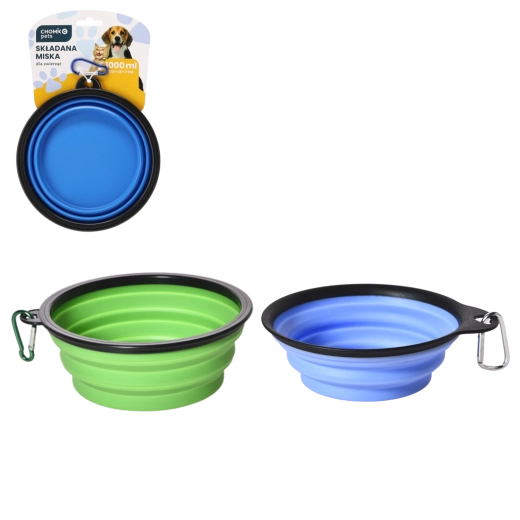 Sammenfoldelig skål til hunde og katte 1000 ml med karabinhage