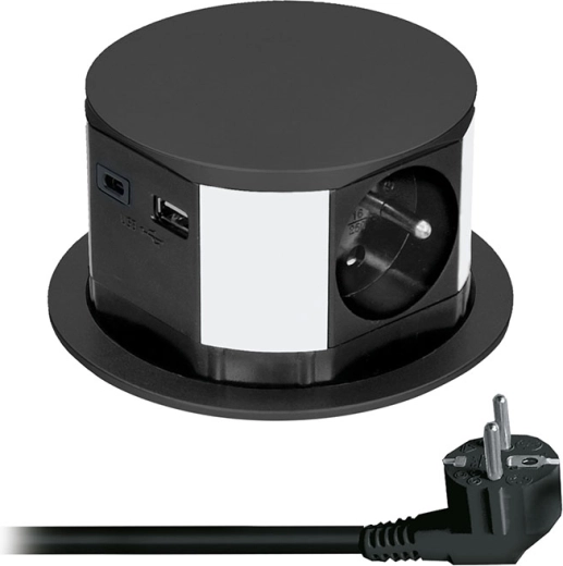 Solight udtrækkelig stikkontaktblok med 3 stikkontakter og USB-opladning, sort